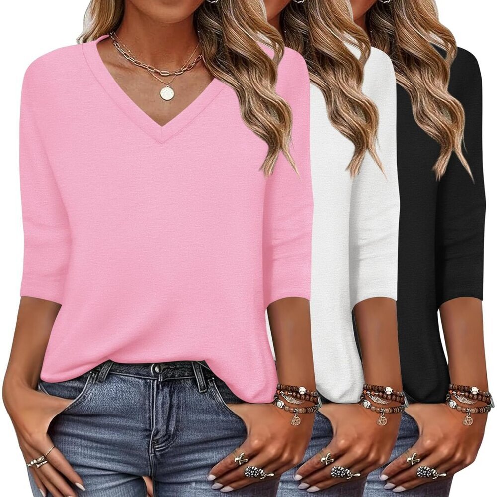 Women's 3 Pack Casual T Shirts V Neck 3/4 Sleeve Soft Fall Tops Xl-Xxxl